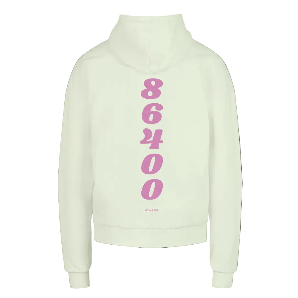 Light Mint MYNEWI Hoodie mit vertikalem 86400 Backprint in Pink – Rückansicht