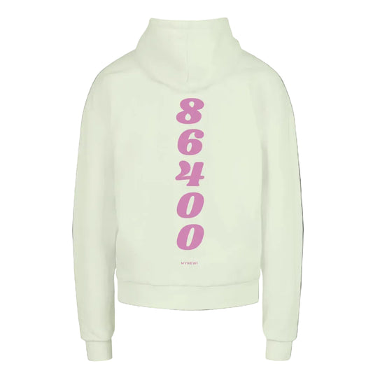 Light Mint MYNEWI Hoodie mit vertikalem 86400 Backprint in Pink – Rückansicht