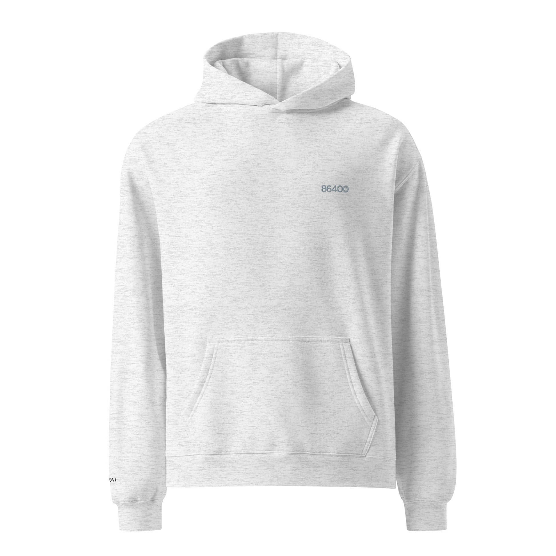 86400 Stickerei Grau Oversized Hoodie White Heather Frontprint linke Brust MYNEWI